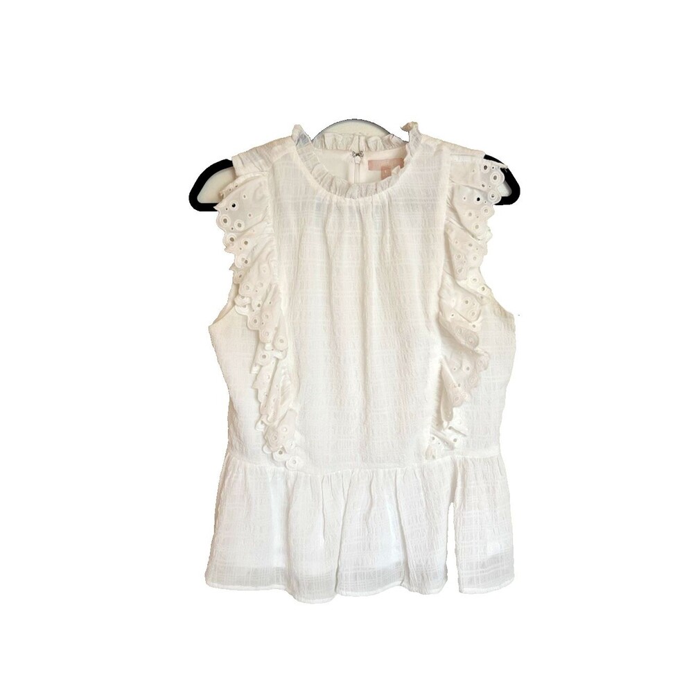 LoveColette Size L White Sleeveless Women’s Blouse Eyelet Lace Ruffles